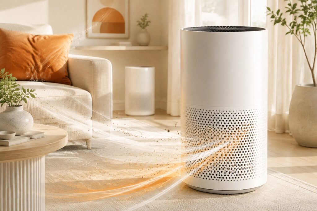 White home air purifier drawing airborne particles through warm orange airflow