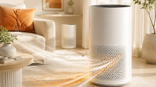 White home air purifier drawing airborne particles through warm orange airflow
