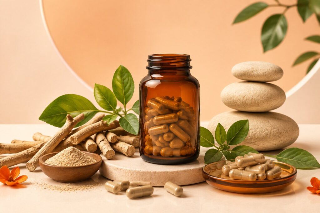 Ashwagandha supplement capsules with roots, leaves and balanced stones in warm orange tones