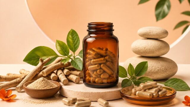 Ashwagandha supplement capsules with roots, leaves and balanced stones in warm orange tones