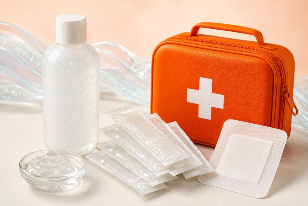 Burn gel sachets, sterile dressing and orange first aid case arranged for minor burn care