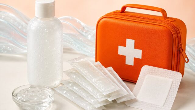 Burn gel sachets, sterile dressing and orange first aid case arranged for minor burn care