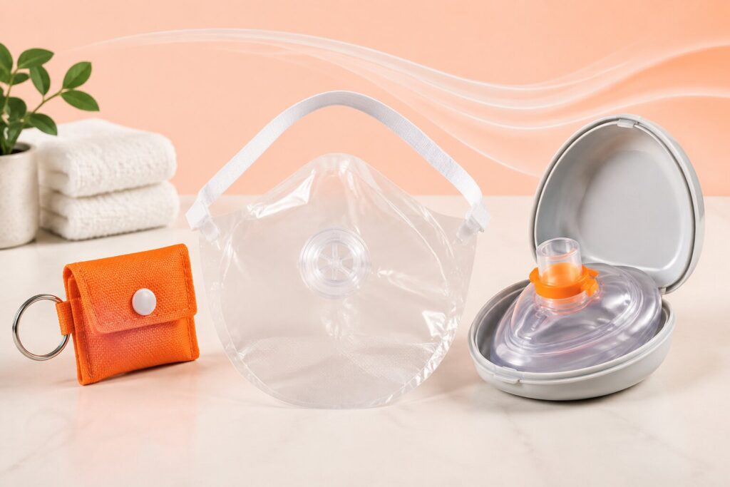 CPR face shield, one-way valve barrier and pocket resuscitation mask with orange accents