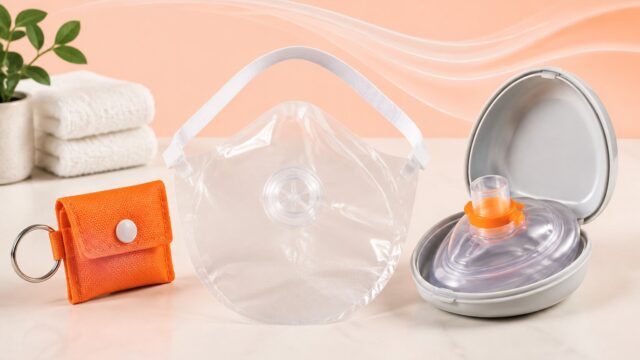 CPR face shield, one-way valve barrier and pocket resuscitation mask with orange accents