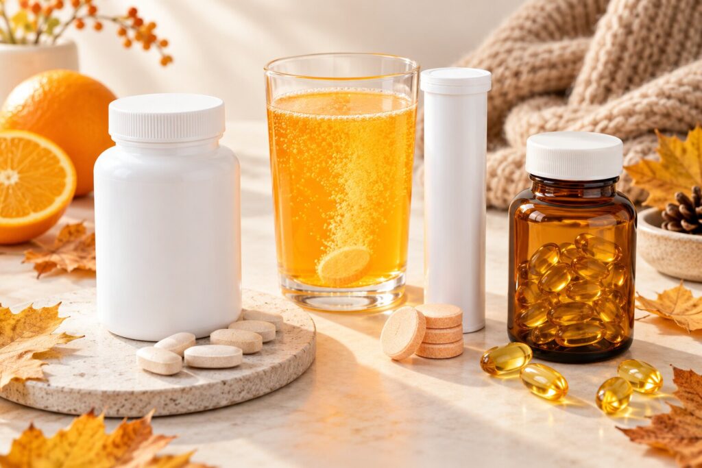 Multivitamin tablets, effervescent vitamin drink and golden capsules with autumn orange accents