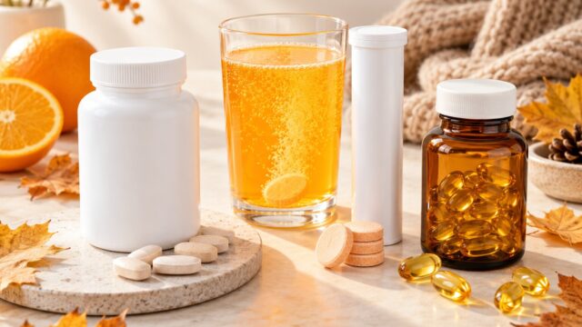 Multivitamin tablets, effervescent vitamin drink and golden capsules with autumn orange accents