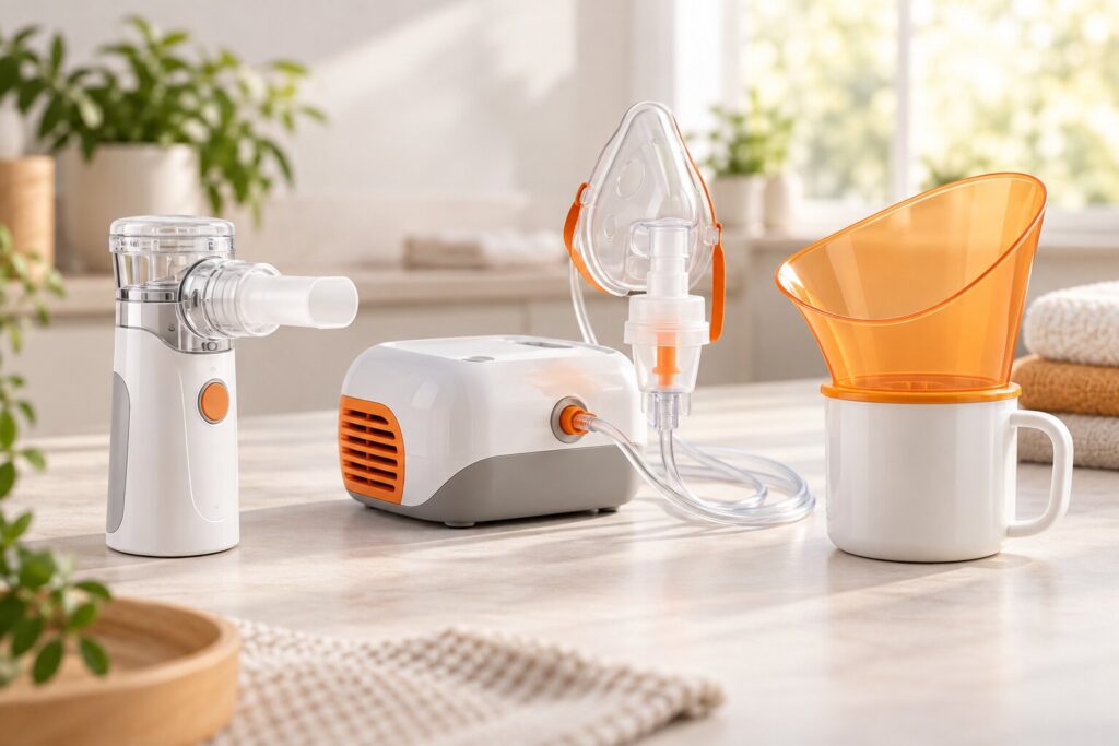 Home nebuliser options including a mesh nebuliser, compressor nebuliser and steam inhaler cup