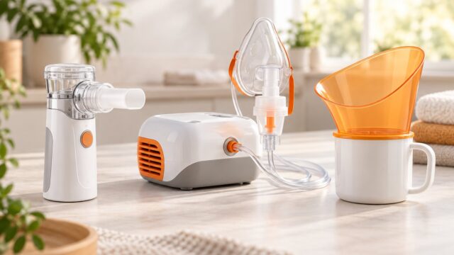 Home nebuliser options including a mesh nebuliser, compressor nebuliser and steam inhaler cup